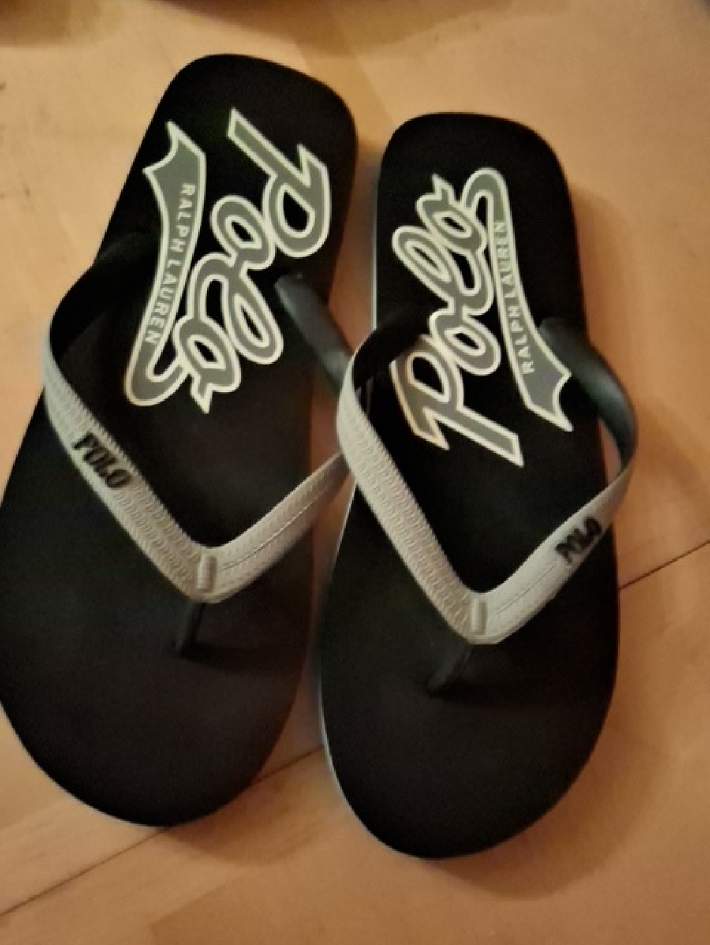 Ralph Lauren Black Flip Flops with Gray Straps and White Logo